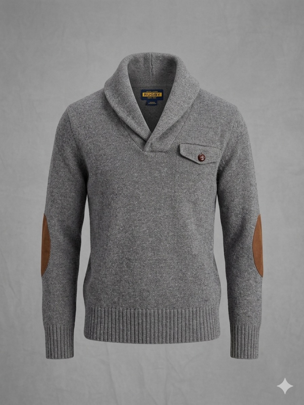 Rugby Ralph Lauren Gray Wool Shawl Collar Sweater Elbow Patches Men's M rare